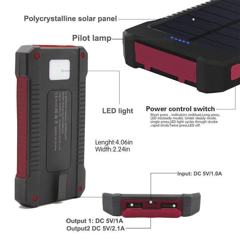 50000Mah Solar Power Bank Portable External Battery Dual USB Phone Charger