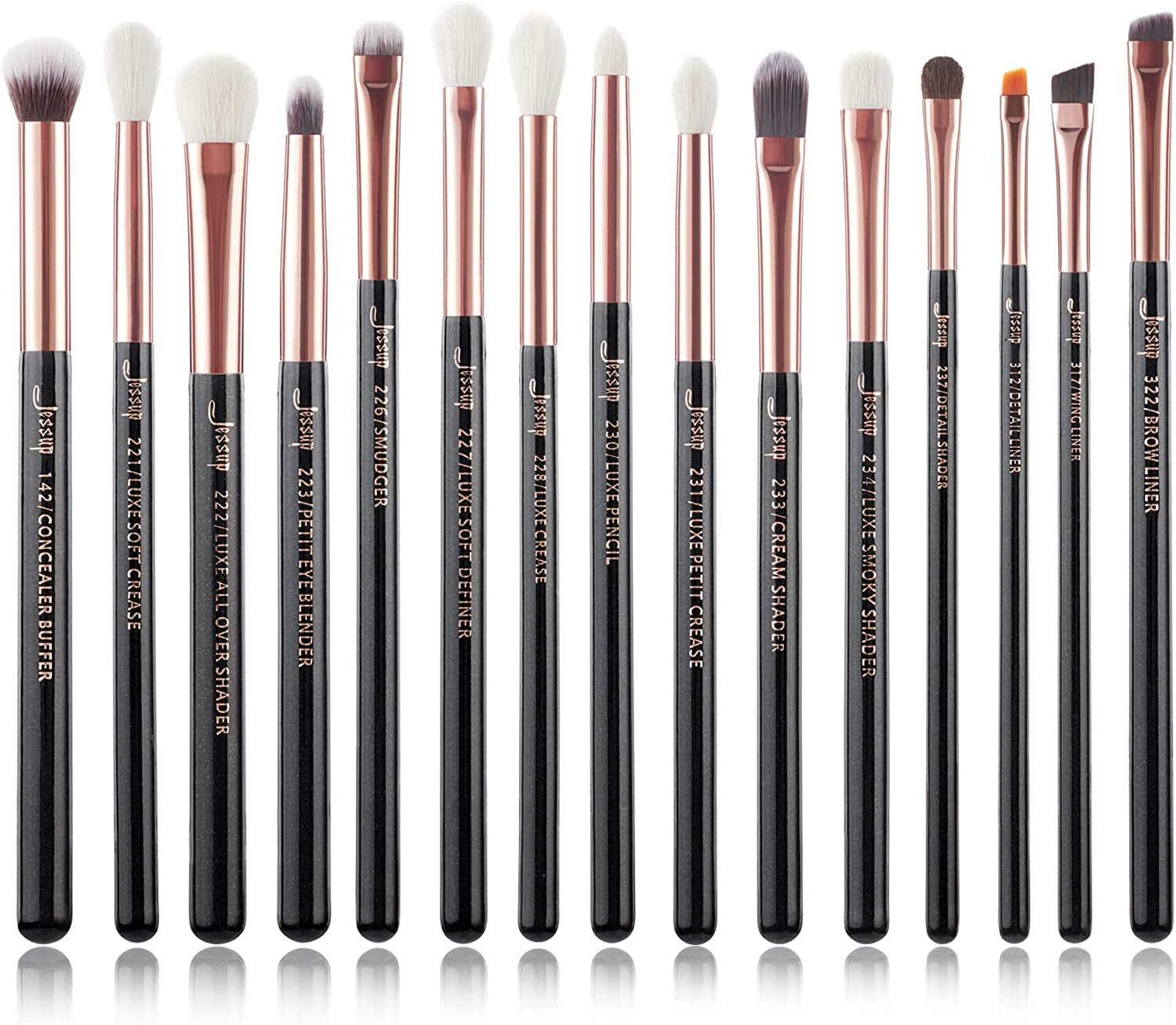 15Pcs Professional Makeup Brushes Set Make up Brush Tools Kit Cosmetics Tools Eye Liner Shader Wood Handle Natural-Synthetic Hair Brushes (Pearl Black/Rose Gold), T157