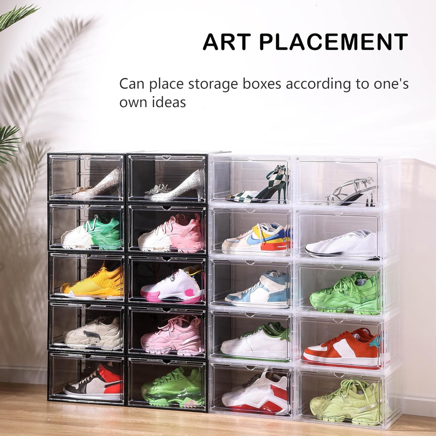 Large Clear Shoe Box Organizer, Plastic Stackable Shoe Storage Box with Magnetic Door, Modern/Contemporary Style, 6-Pack, L Size