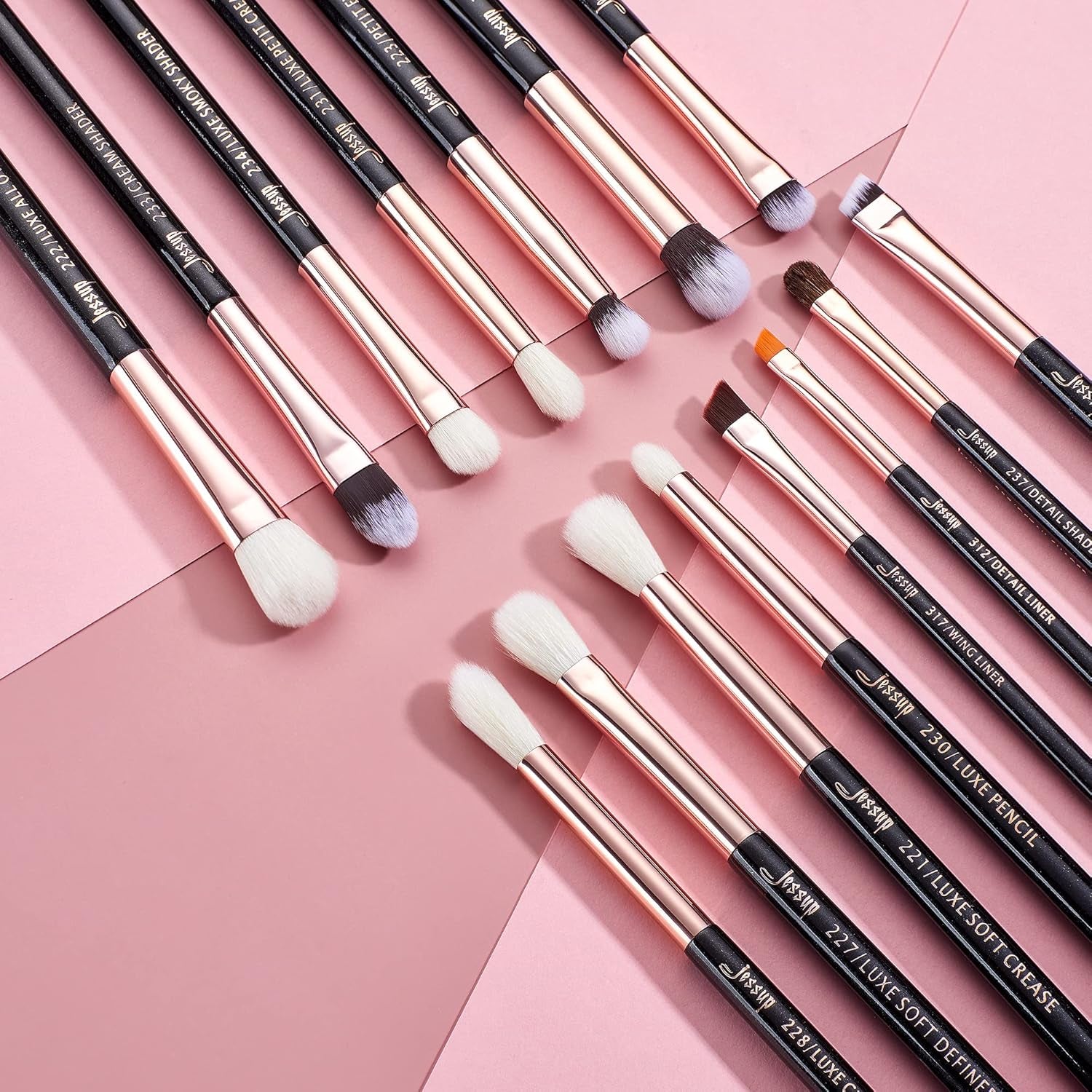 15Pcs Professional Makeup Brushes Set Make up Brush Tools Kit Cosmetics Tools Eye Liner Shader Wood Handle Natural-Synthetic Hair Brushes (Pearl Black/Rose Gold), T157