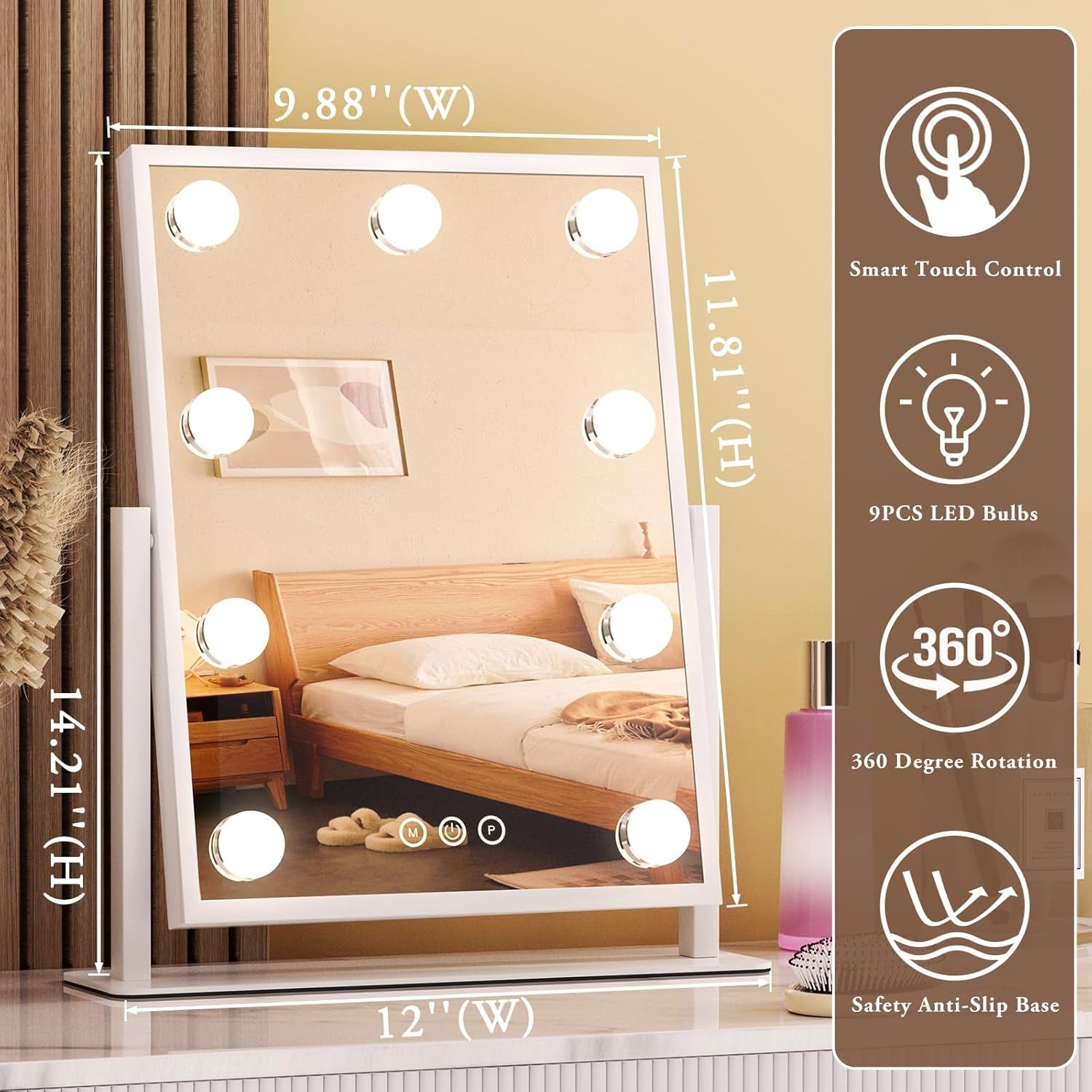 Vanity Mirror with Lights, Lighted Makeup Mirror Hollywood Makeup Mirror with 9 Dimmable Bulbs and 3 Color Lighting Modes, Smart Touch Control, 360°Rotation