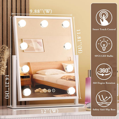 Vanity Mirror with Lights, Lighted Makeup Mirror Hollywood Makeup Mirror with 9 Dimmable Bulbs and 3 Color Lighting Modes, Smart Touch Control, 360°Rotation